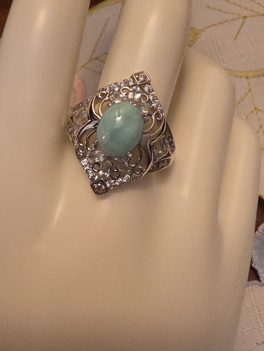 JTV Cabochon Larimar With Glacier Topaz, White Topaz Silver Ring